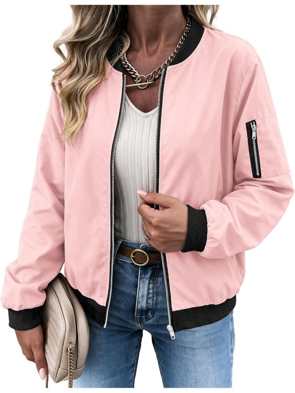 Women's Pink 100% Polyester Zip Up Utility Pocket Spring Flight Bomber Jacket